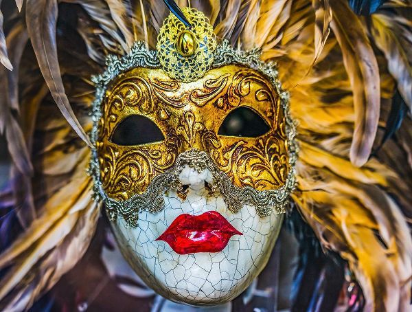 Perry, William 아티스트의 White golden Venetian mask feathers-Venice-Italy-Used since 1200s for Carnival-Also used for Mardi 작품입니다.